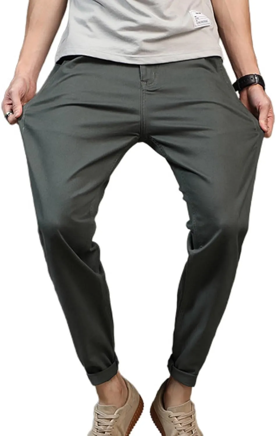 Lu's Chic Men's Tapered Chino Pants Cotton Slim Fit Ankle Length Slacks Casual Dress Pants Comfy Harem Capri Trousers