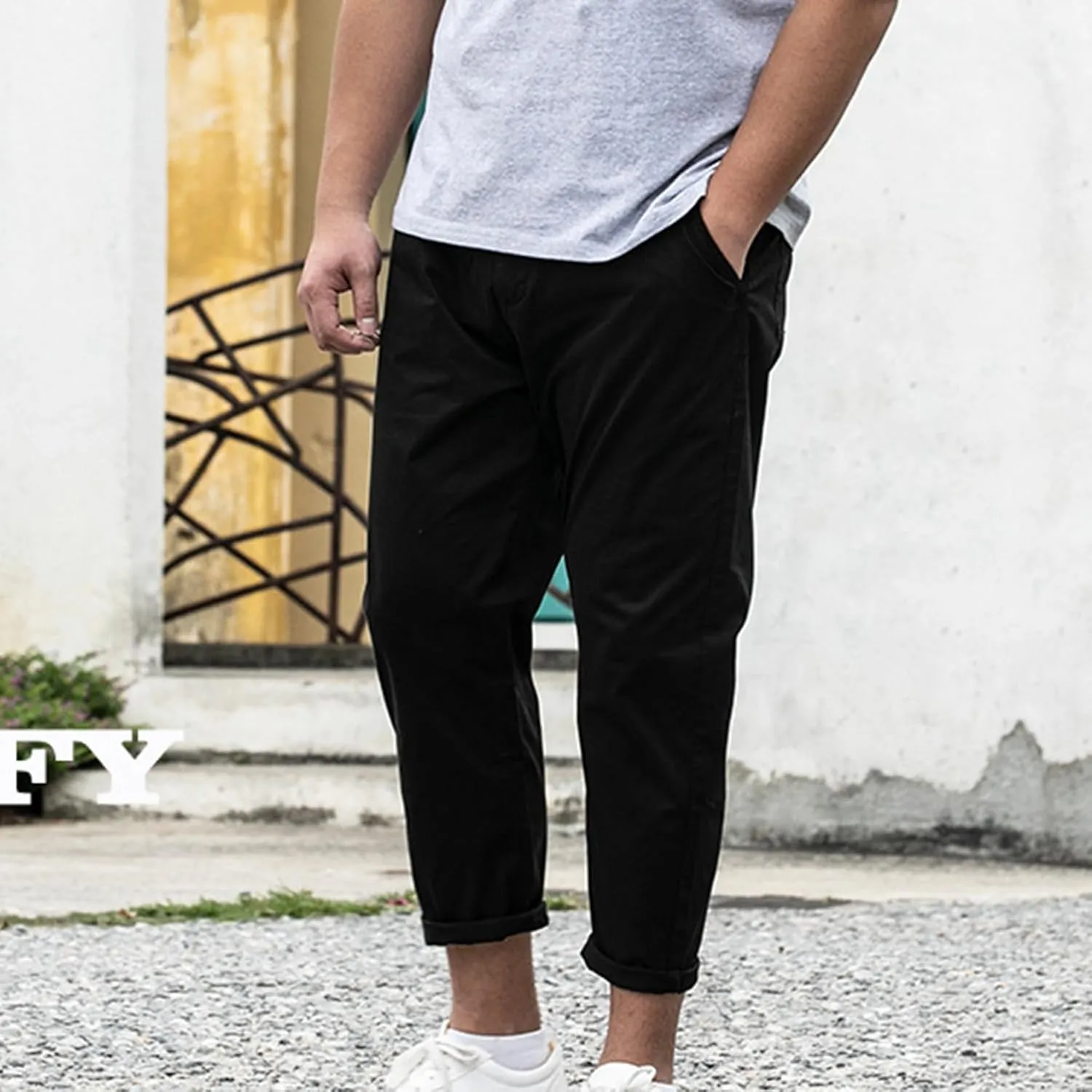 Lu's Chic Men's Tapered Chino Pants Cotton Slim Fit Ankle Length Slacks Casual Dress Pants Comfy Harem Capri Trousers