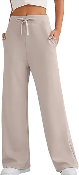 Lu's Chic Women's High Waisted Pants Wide Leg Long Lounge Palazzo Soft Elastic Waist Trousers with Pocket