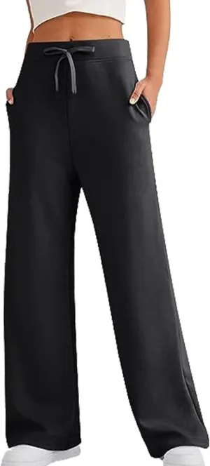 Lu's Chic Women's High Waisted Pants Wide Leg Long Lounge Palazzo Soft Elastic Waist Trousers with Pocket