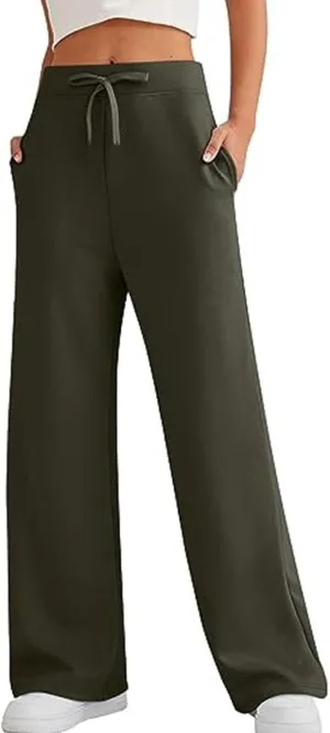 Lu's Chic Women's High Waisted Pants Wide Leg Long Lounge Palazzo Soft Elastic Waist Trousers with Pocket
