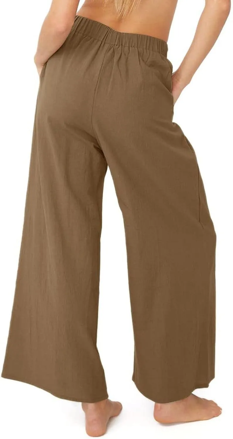 Lu's Chic Women's High Waisted Pants Wide Leg Trousers Beach Casual Palazzo Elastic Waist Casual