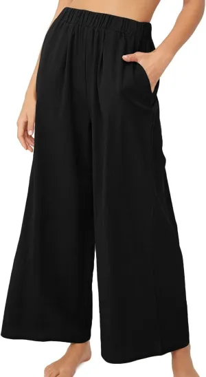 Lu's Chic Women's High Waisted Pants Wide Leg Trousers Beach Casual Palazzo Elastic Waist Casual