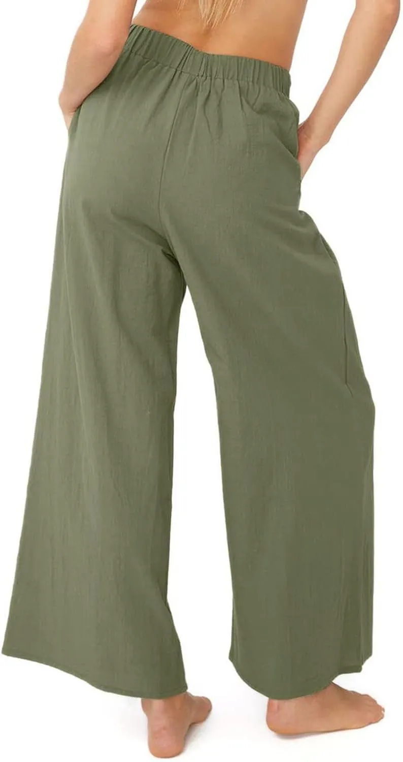 Lu's Chic Women's High Waisted Pants Wide Leg Trousers Beach Casual Palazzo Elastic Waist Casual