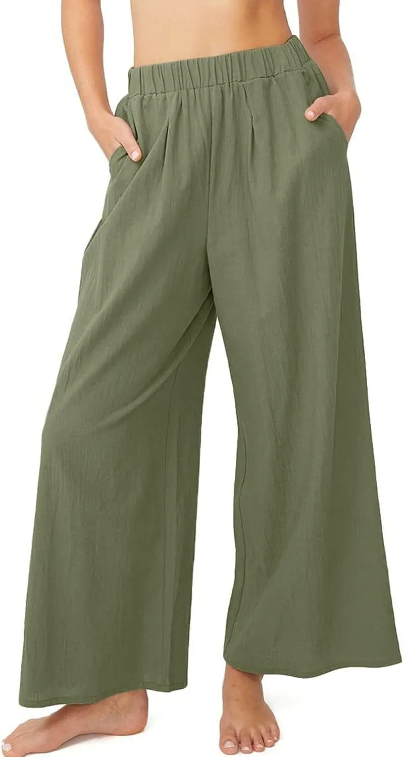 Lu's Chic Women's High Waisted Pants Wide Leg Trousers Beach Casual Palazzo Elastic Waist Casual
