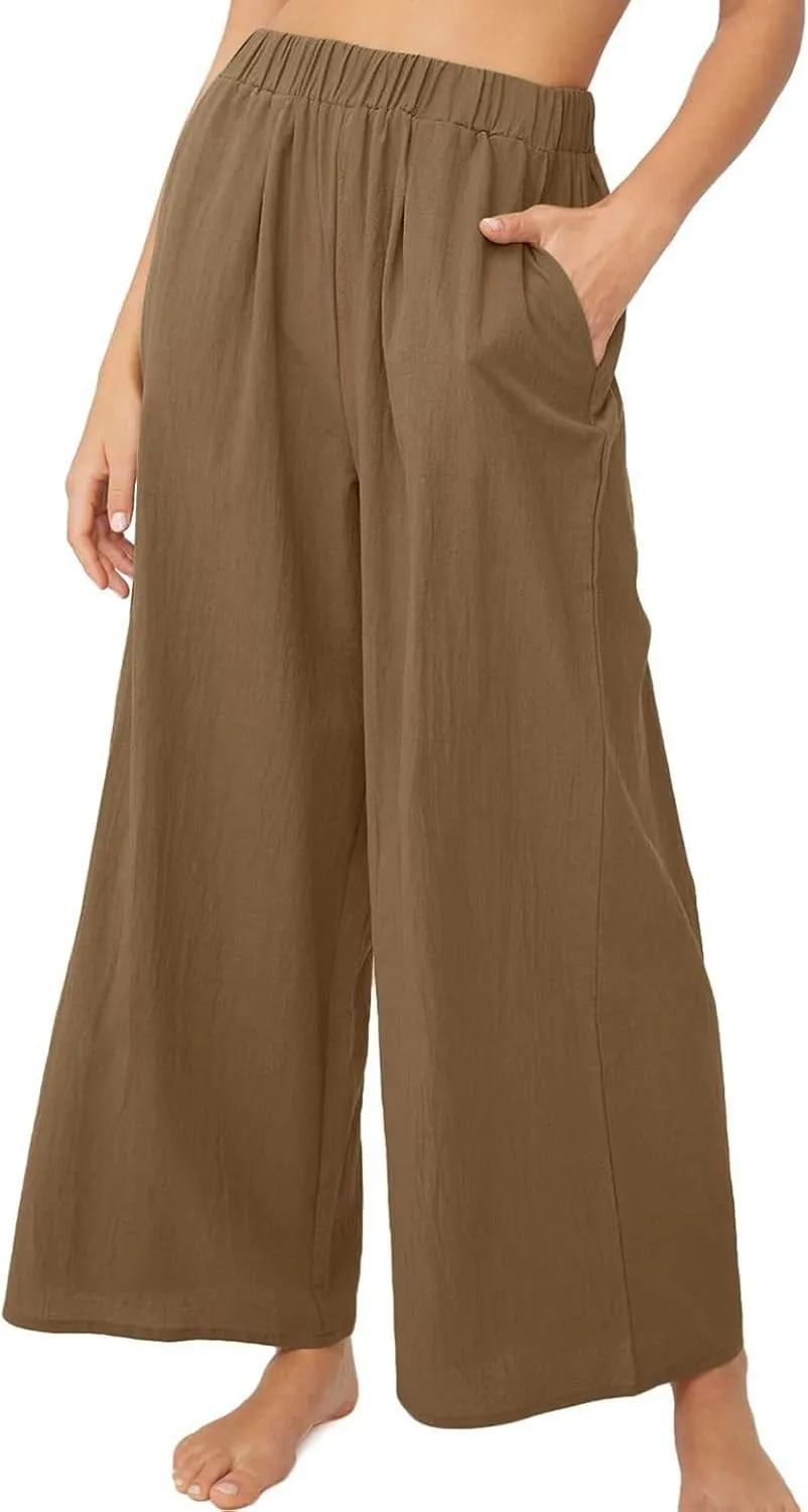 Lu's Chic Women's High Waisted Pants Wide Leg Trousers Beach Casual Palazzo Elastic Waist Casual