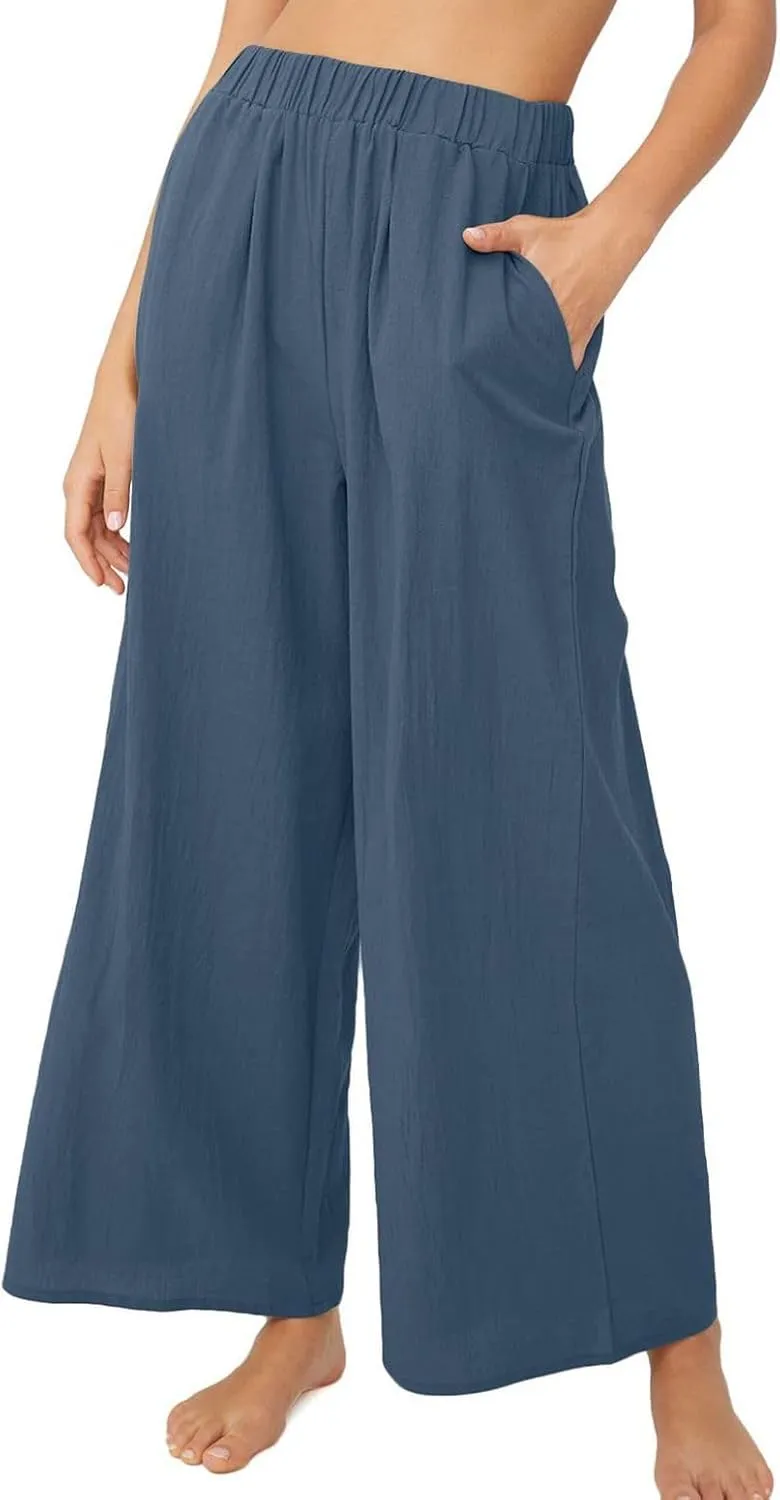 Lu's Chic Women's High Waisted Pants Wide Leg Trousers Beach Casual Palazzo Elastic Waist Casual