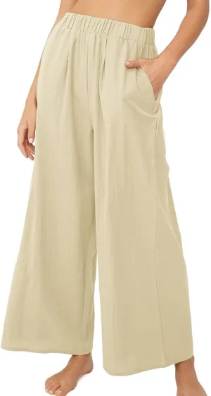 Lu's Chic Women's High Waisted Pants Wide Leg Trousers Beach Casual Palazzo Elastic Waist Casual