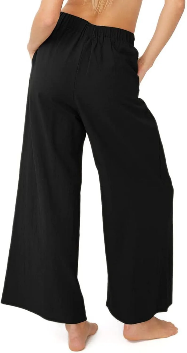 Lu's Chic Women's High Waisted Pants Wide Leg Trousers Beach Casual Palazzo Elastic Waist Casual