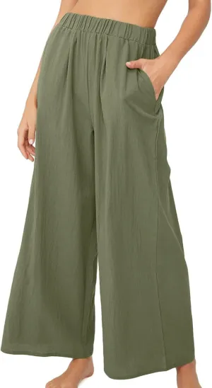 Lu's Chic Women's High Waisted Pants Wide Leg Trousers Beach Casual Palazzo Elastic Waist Casual