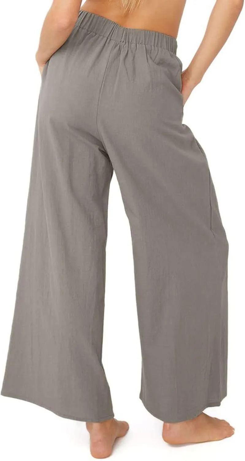 Lu's Chic Women's High Waisted Pants Wide Leg Trousers Beach Casual Palazzo Elastic Waist Casual