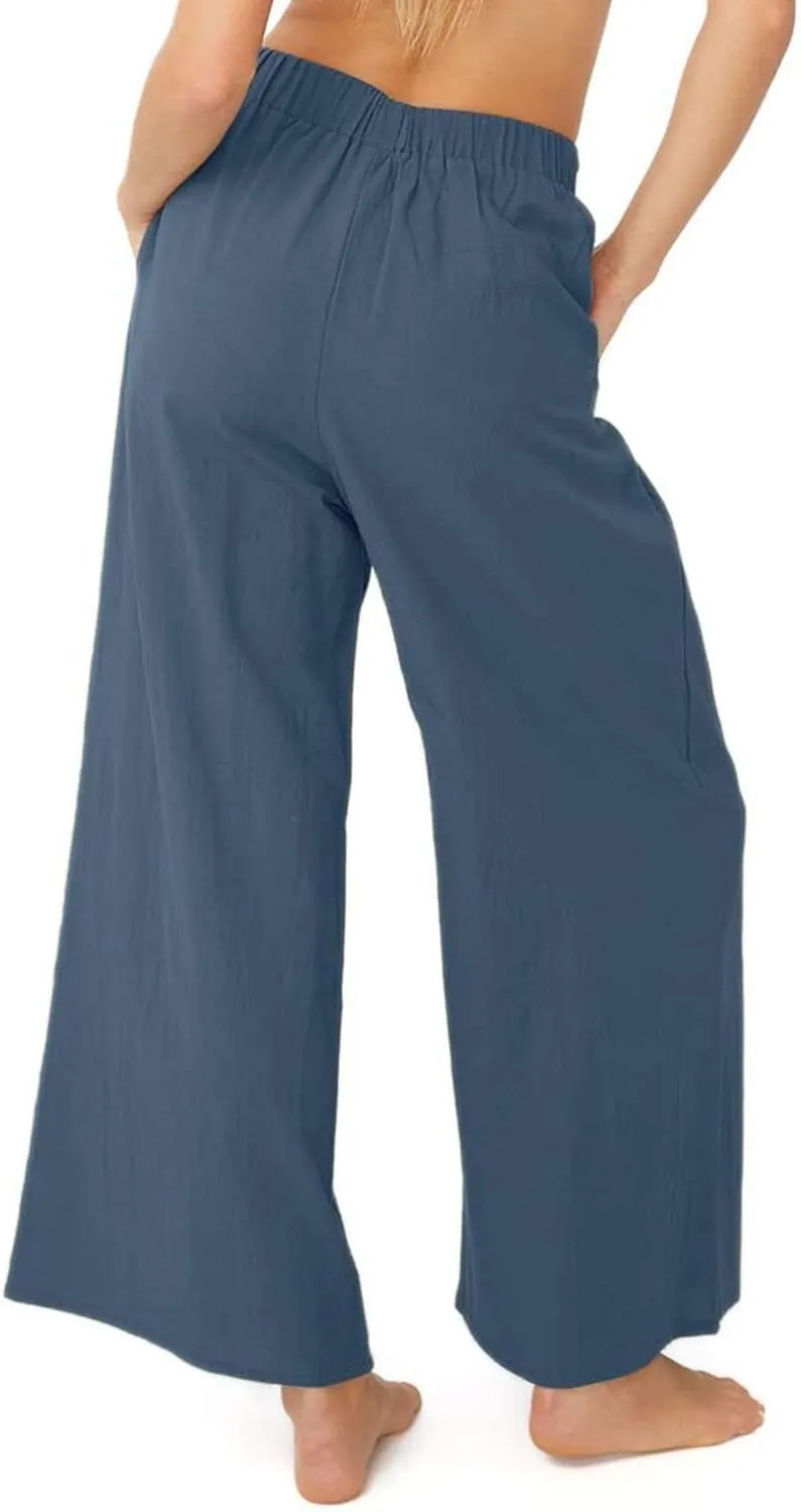 Lu's Chic Women's High Waisted Pants Wide Leg Trousers Beach Casual Palazzo Elastic Waist Casual
