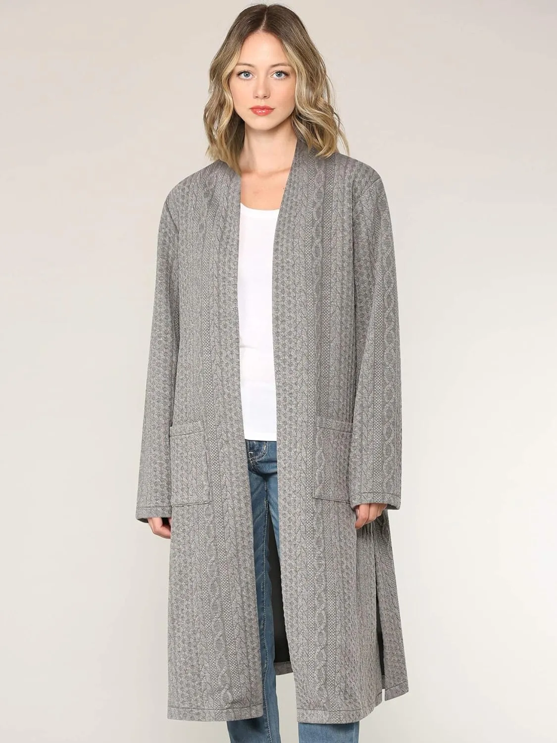 Made By Johnny Women's Casual Cozy Braided Open Front Long Pocket Cardigan Sweater