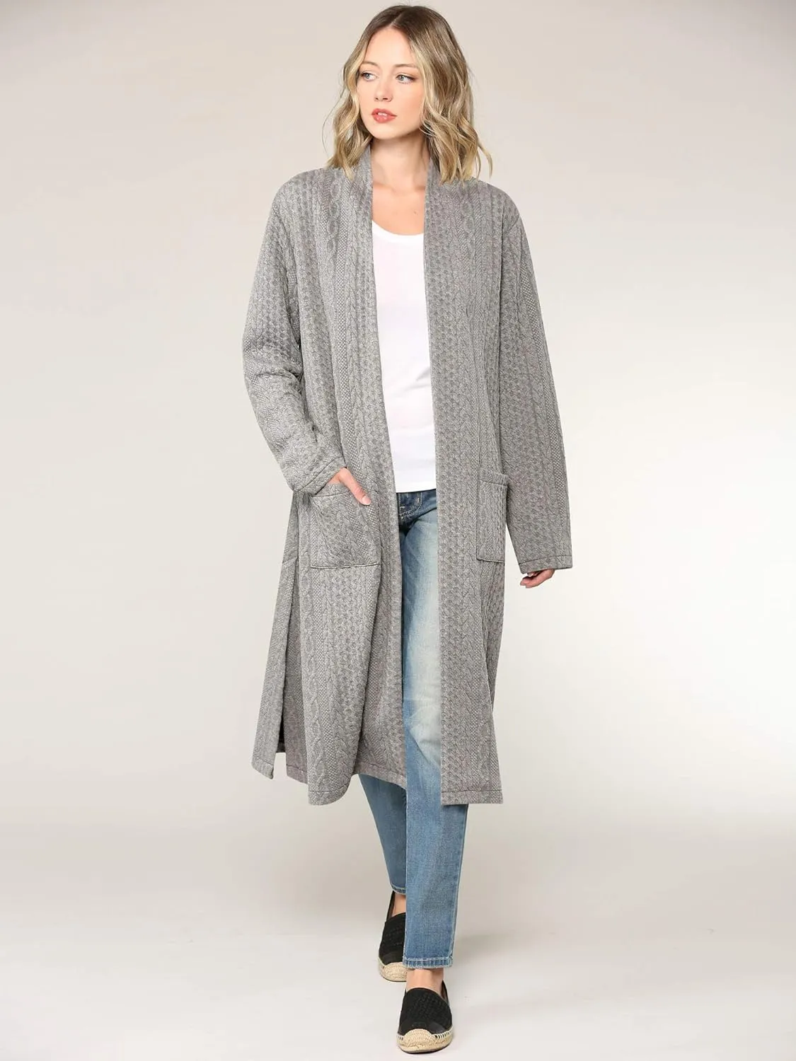 Made By Johnny Women's Casual Cozy Braided Open Front Long Pocket Cardigan Sweater