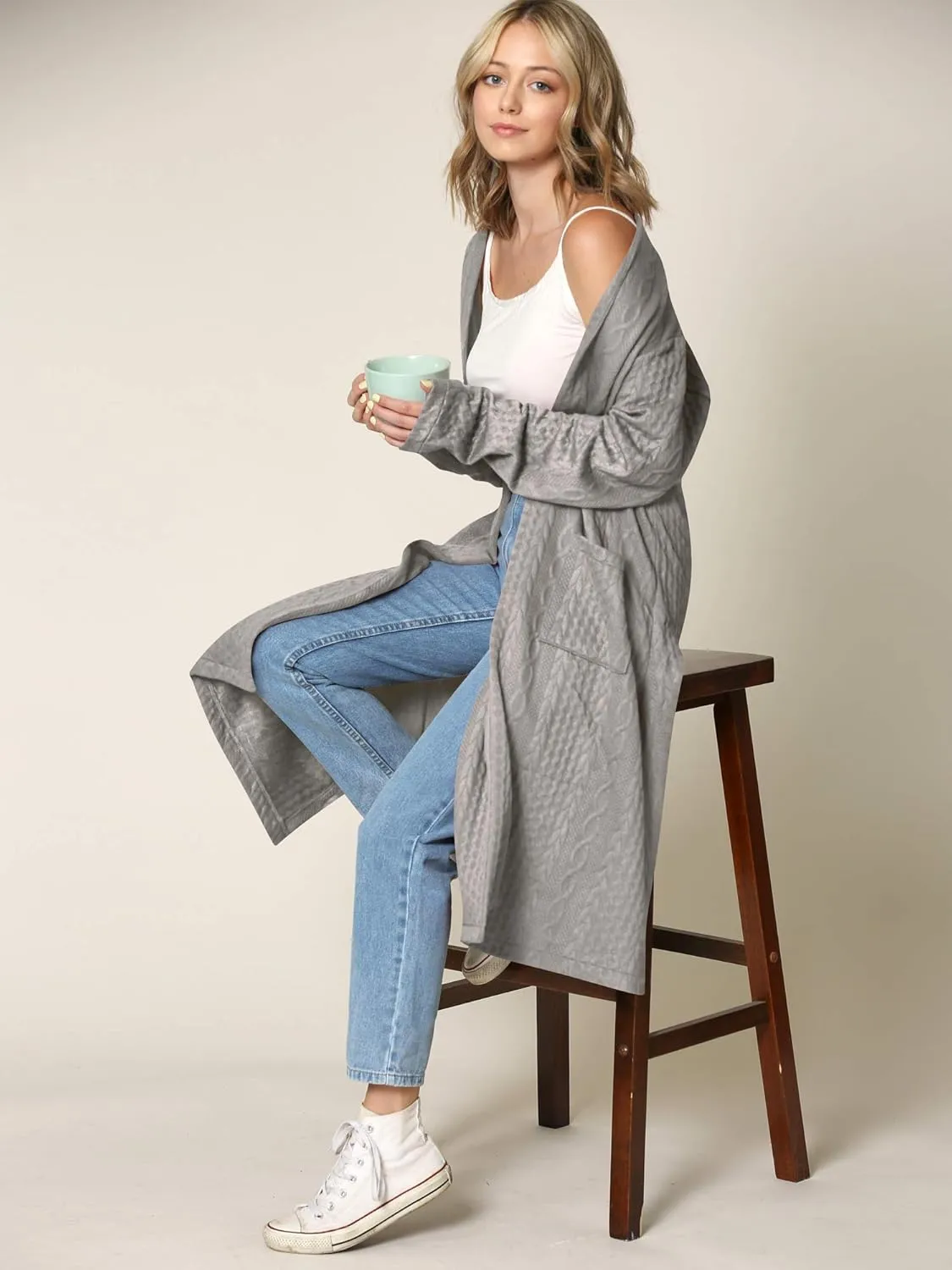 Made By Johnny Women's Casual Cozy Braided Open Front Long Pocket Cardigan Sweater