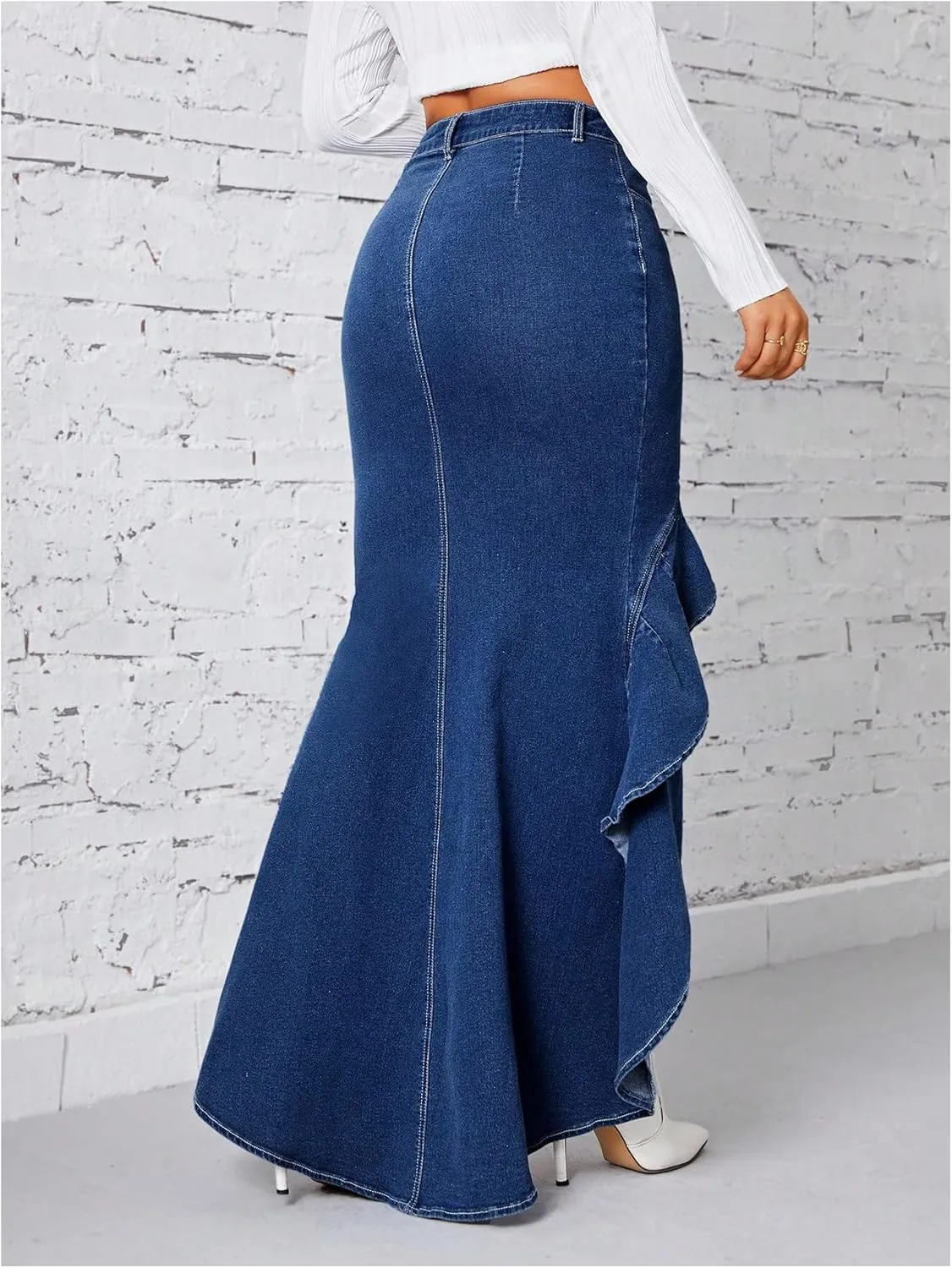 MakeMeChic Women's High Low Skinny Fit Denim Skirts Ruffle Trim Zip Up Maxi Jean Skirt