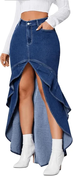 MakeMeChic Women's High Low Skinny Fit Denim Skirts Ruffle Trim Zip Up Maxi Jean Skirt