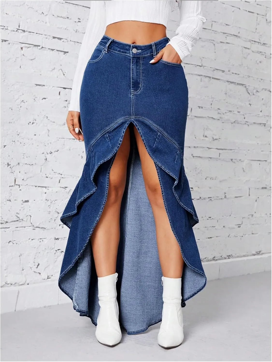 MakeMeChic Women's High Low Skinny Fit Denim Skirts Ruffle Trim Zip Up Maxi Jean Skirt