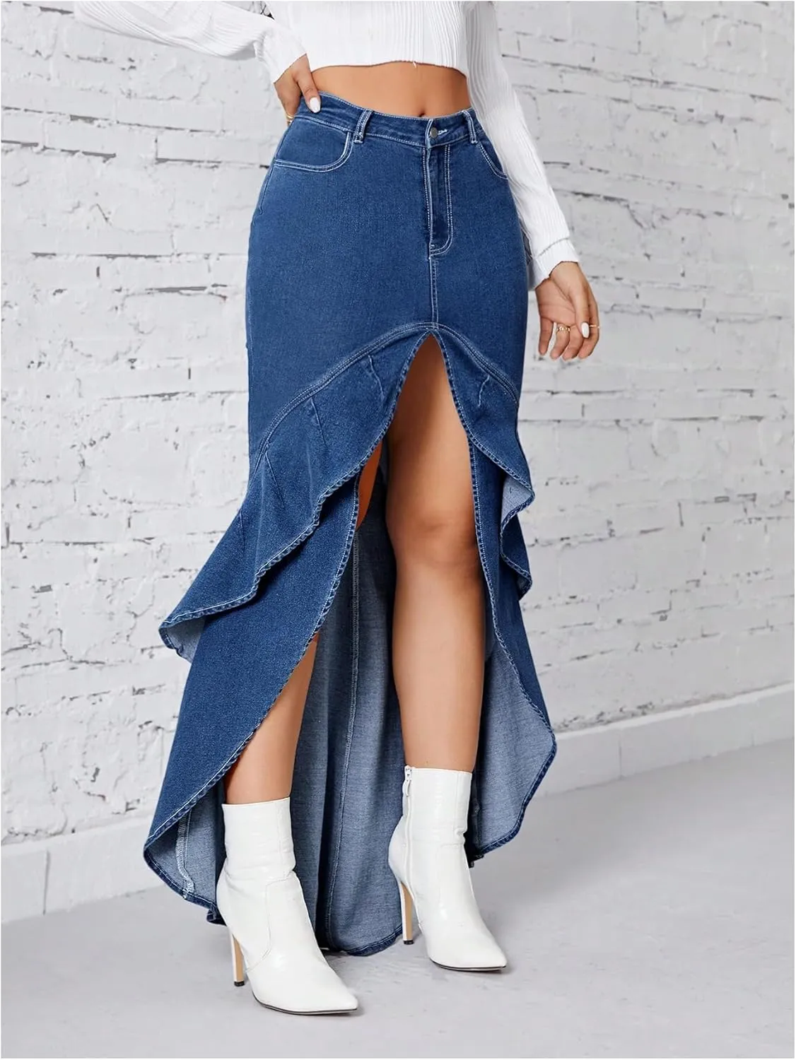MakeMeChic Women's High Low Skinny Fit Denim Skirts Ruffle Trim Zip Up Maxi Jean Skirt