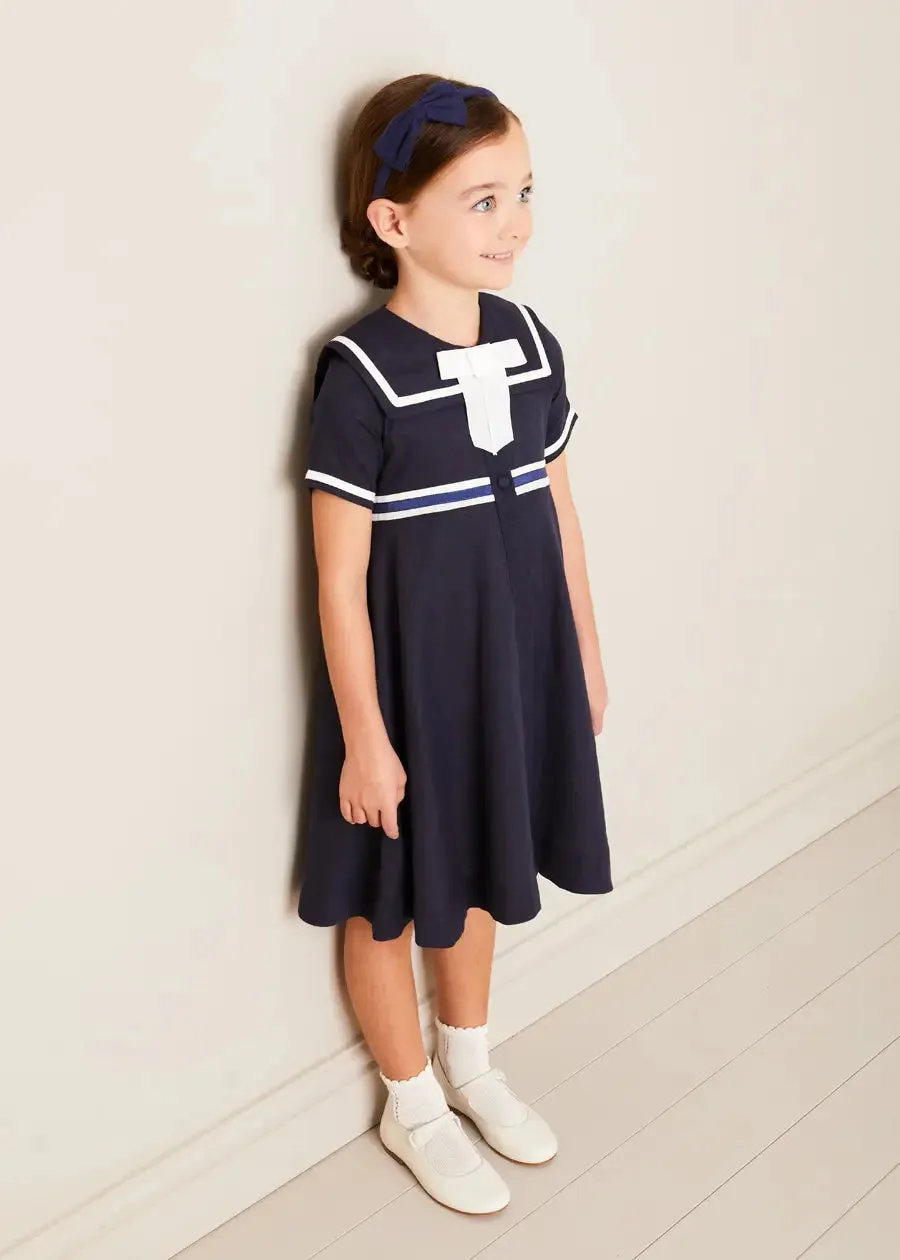 Mariner Collar Bow Detail Short Sleeve Dress in Navy (4-12yrs)