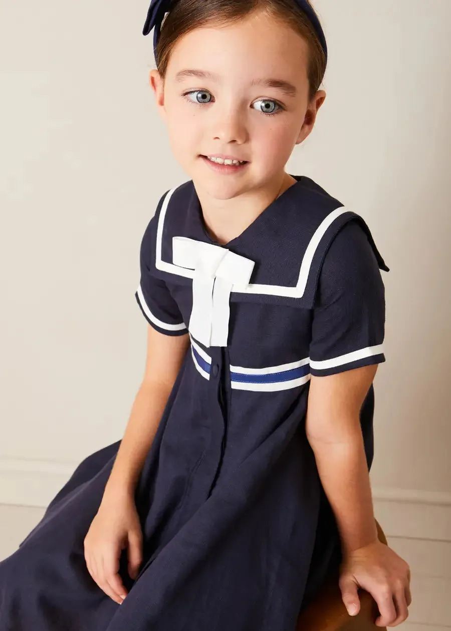 Mariner Collar Bow Detail Short Sleeve Dress in Navy (4-12yrs)