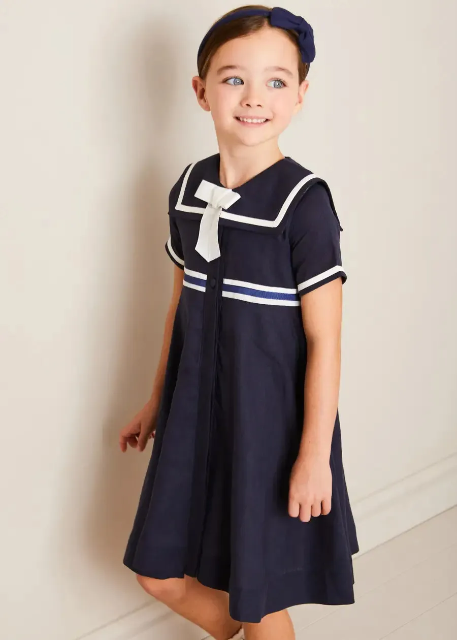 Mariner Collar Bow Detail Short Sleeve Dress in Navy (4-12yrs)