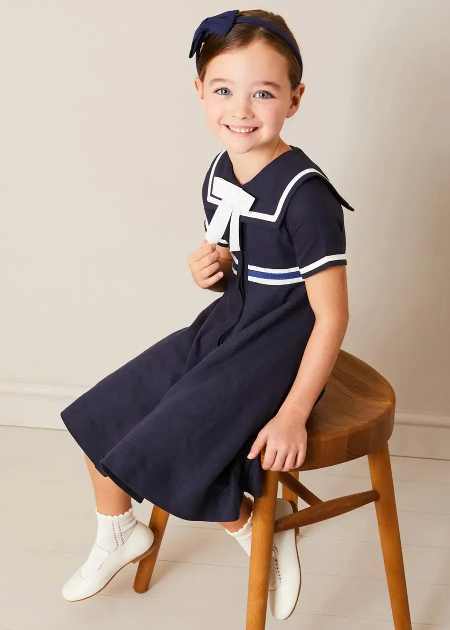 Mariner Collar Bow Detail Short Sleeve Dress in Navy (4-12yrs)