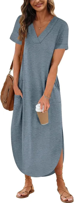 Maxi Dress for Women Summer Casual Loose Short Sleeve Long T Shirt Dress Split Beach Sundress Travel Vacation Outfits