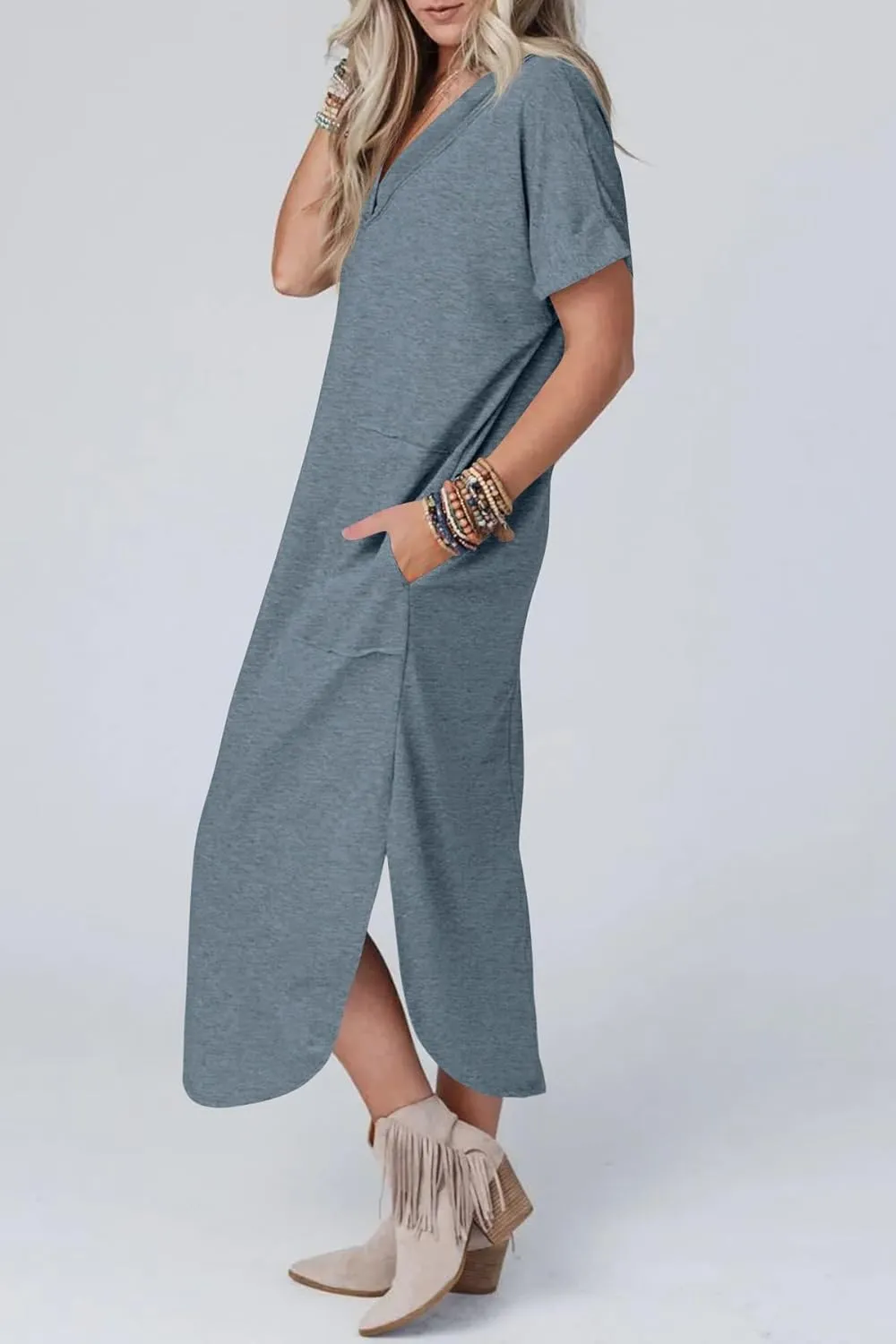 Maxi Dress for Women Summer Casual Loose Short Sleeve Long T Shirt Dress Split Beach Sundress Travel Vacation Outfits