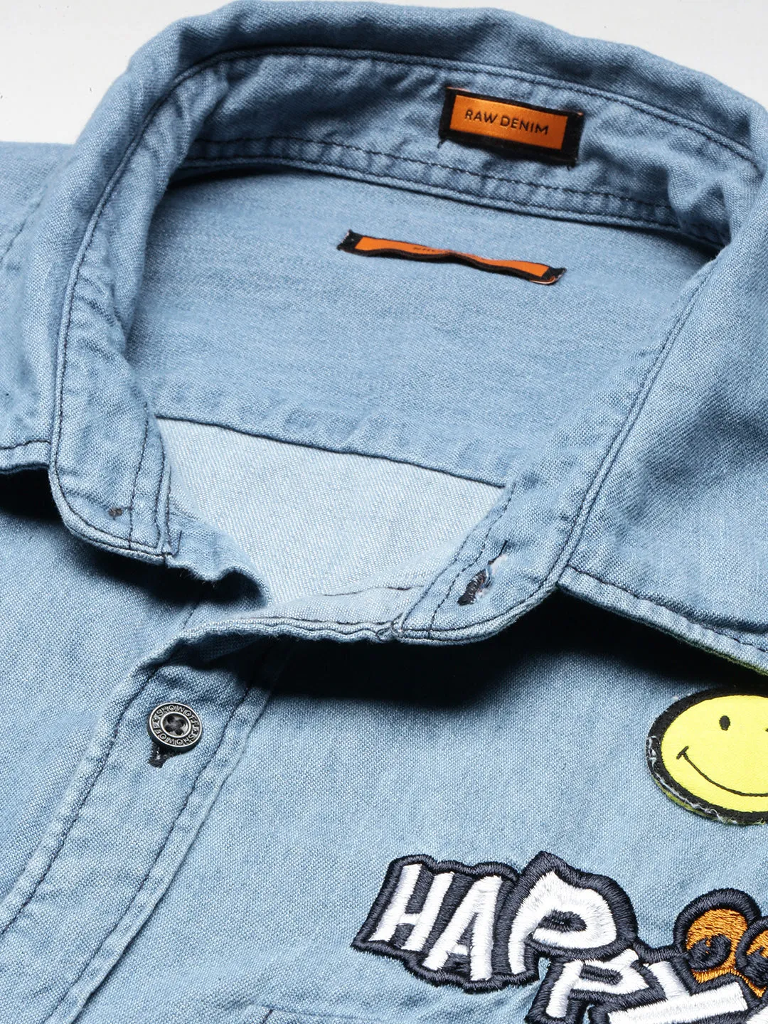 Men Blue Comfort Spread Collar Applique Oversized Denim Casual Shirt