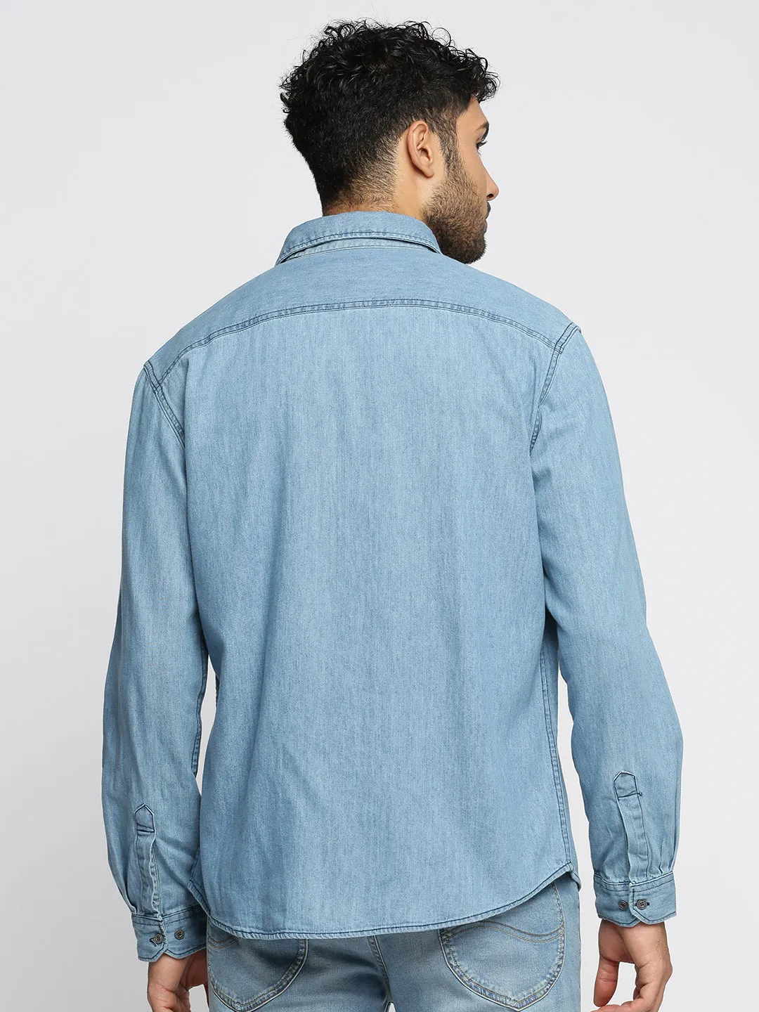 Men Blue Comfort Spread Collar Applique Oversized Denim Casual Shirt