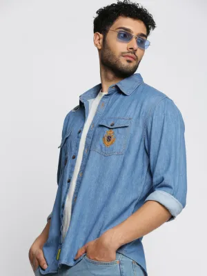 Men Blue Comfort Spread Collar Long Sleeves Applique Oversized Casual Shirt