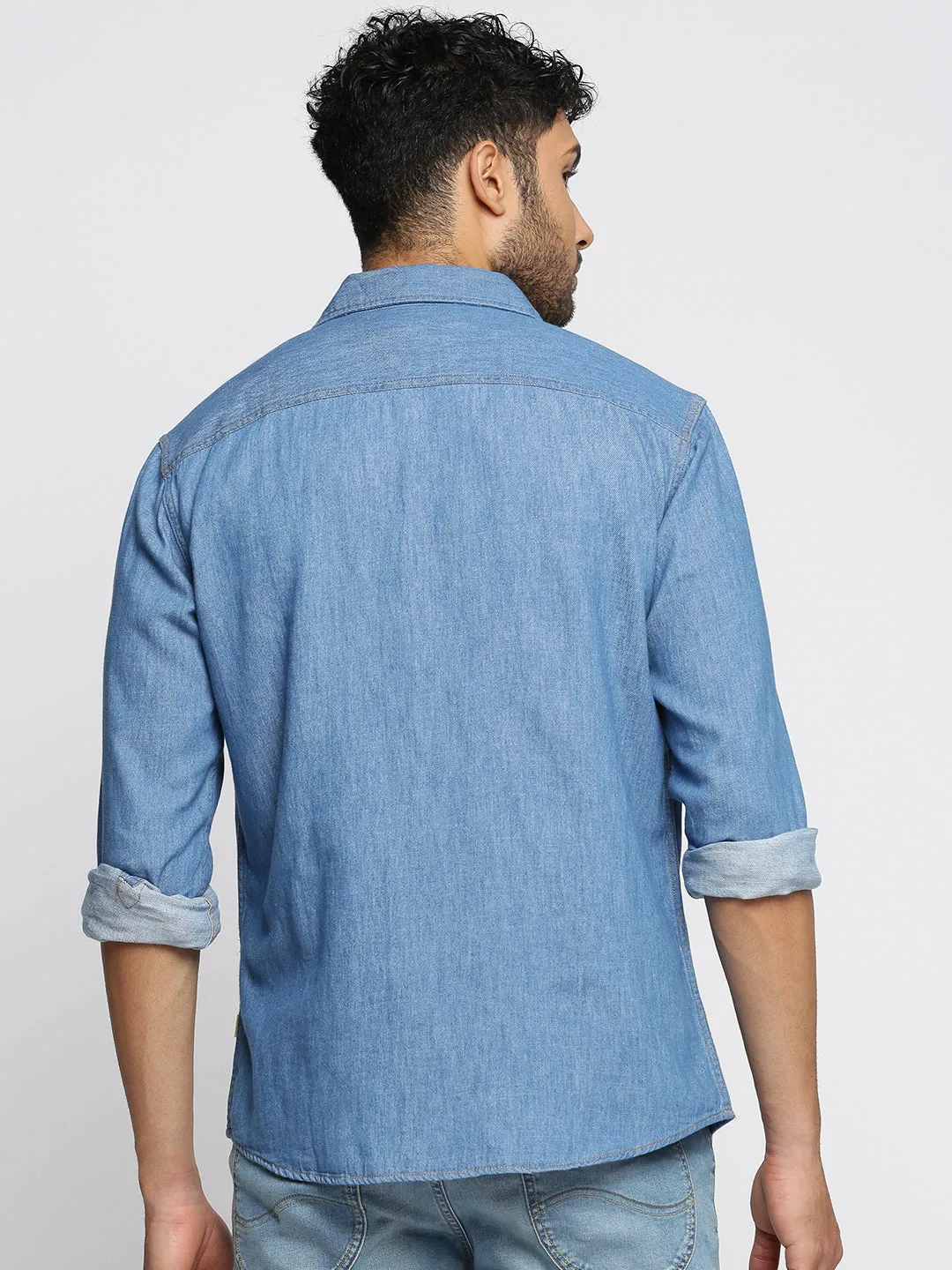 Men Blue Comfort Spread Collar Long Sleeves Applique Oversized Casual Shirt