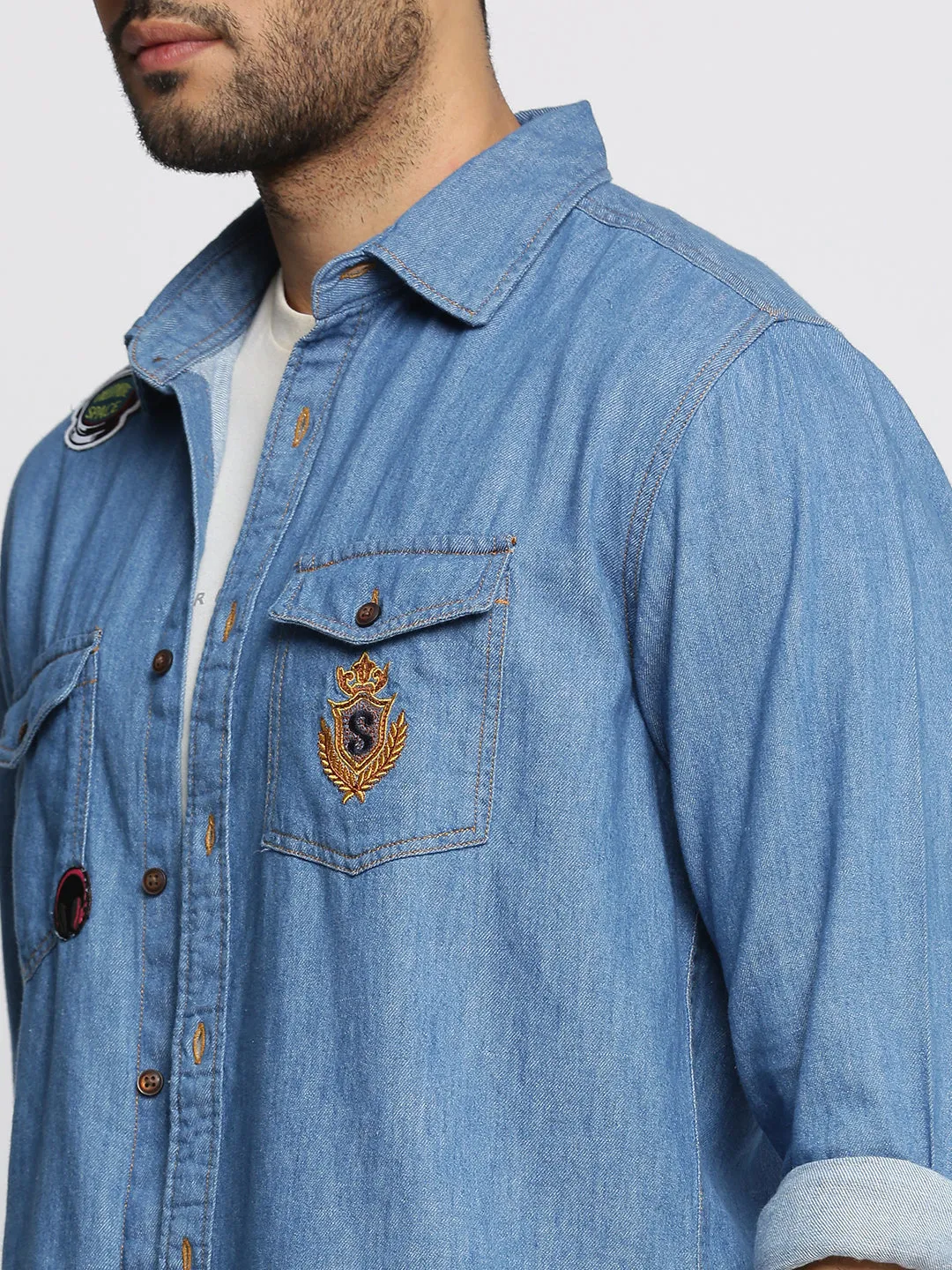 Men Blue Comfort Spread Collar Long Sleeves Applique Oversized Casual Shirt