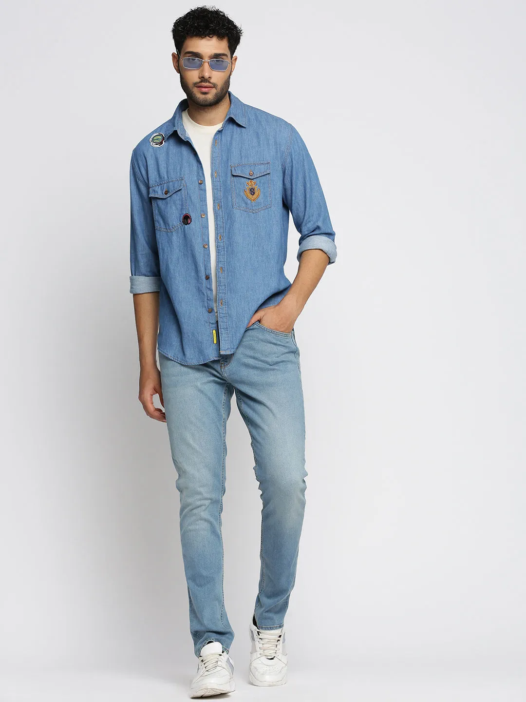 Men Blue Comfort Spread Collar Long Sleeves Applique Oversized Casual Shirt