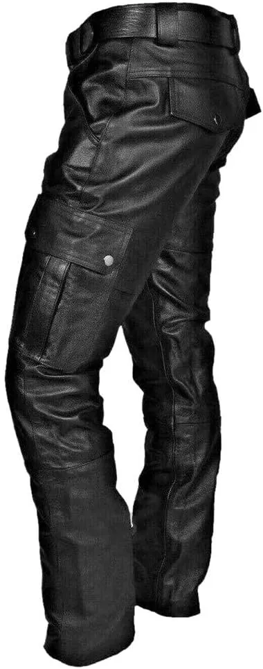 Mens 2023 Autumn Winter Slim Fit Soft Faux Leather Cargo Pants Work Clothes Joggers Hiking Trousers with Pockets