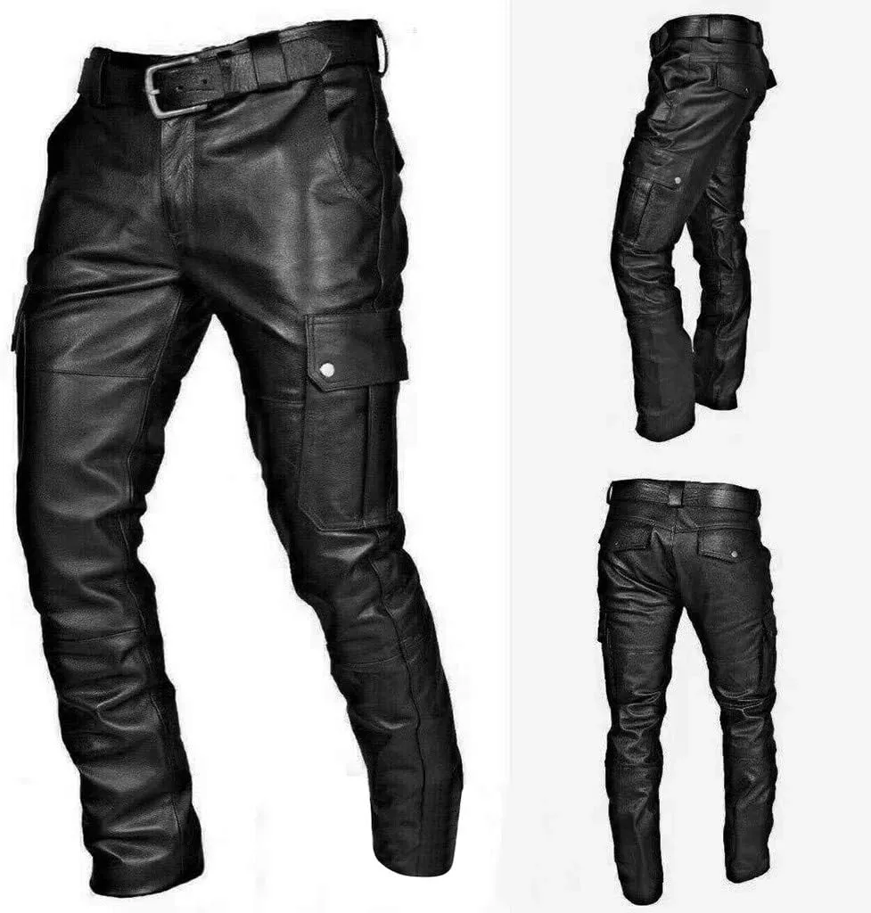 Mens 2023 Autumn Winter Slim Fit Soft Faux Leather Cargo Pants Work Clothes Joggers Hiking Trousers with Pockets