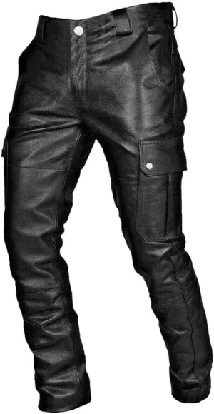 Mens 2023 Autumn Winter Slim Fit Soft Faux Leather Cargo Pants Work Clothes Joggers Hiking Trousers with Pockets