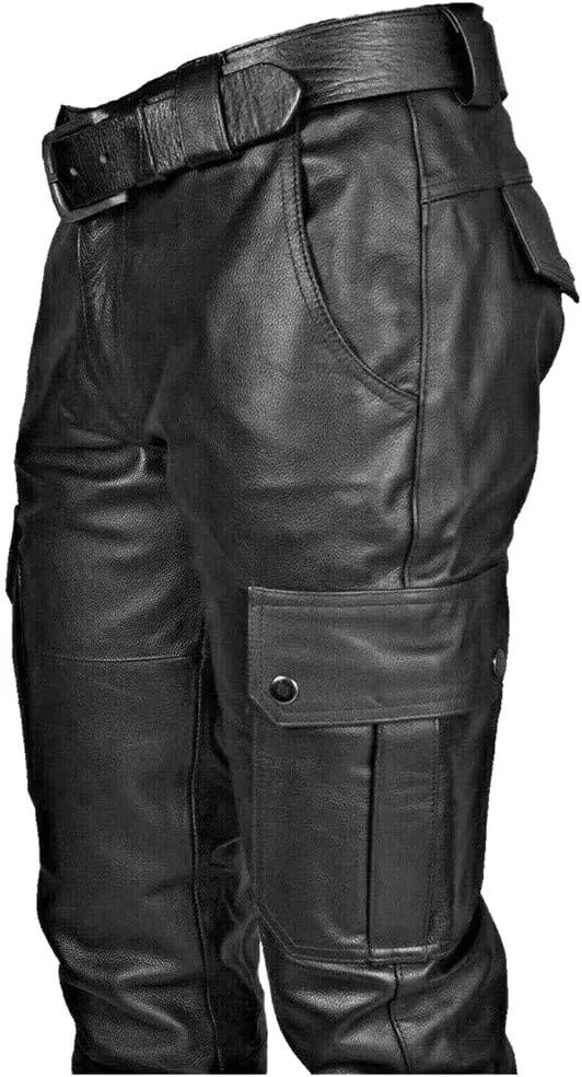 Mens 2023 Autumn Winter Slim Fit Soft Faux Leather Cargo Pants Work Clothes Joggers Hiking Trousers with Pockets