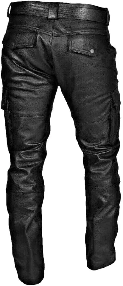 Mens 2023 Autumn Winter Slim Fit Soft Faux Leather Cargo Pants Work Clothes Joggers Hiking Trousers with Pockets