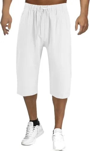 Mens Capri Baggy Harem Pants, Casual Linen Pants, Beach Summer Elastic Waist Drawstring Lightweight Linen Short Trousers