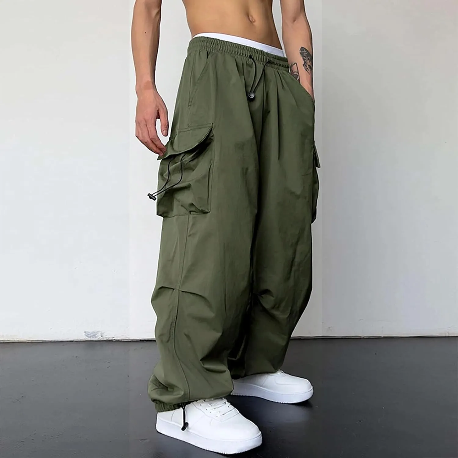 Mens Cargo Casual Pants Drawstring Loose Fit Athletic Jogger Sports Elastic Waist Outdoor Trousers Parachute Pant