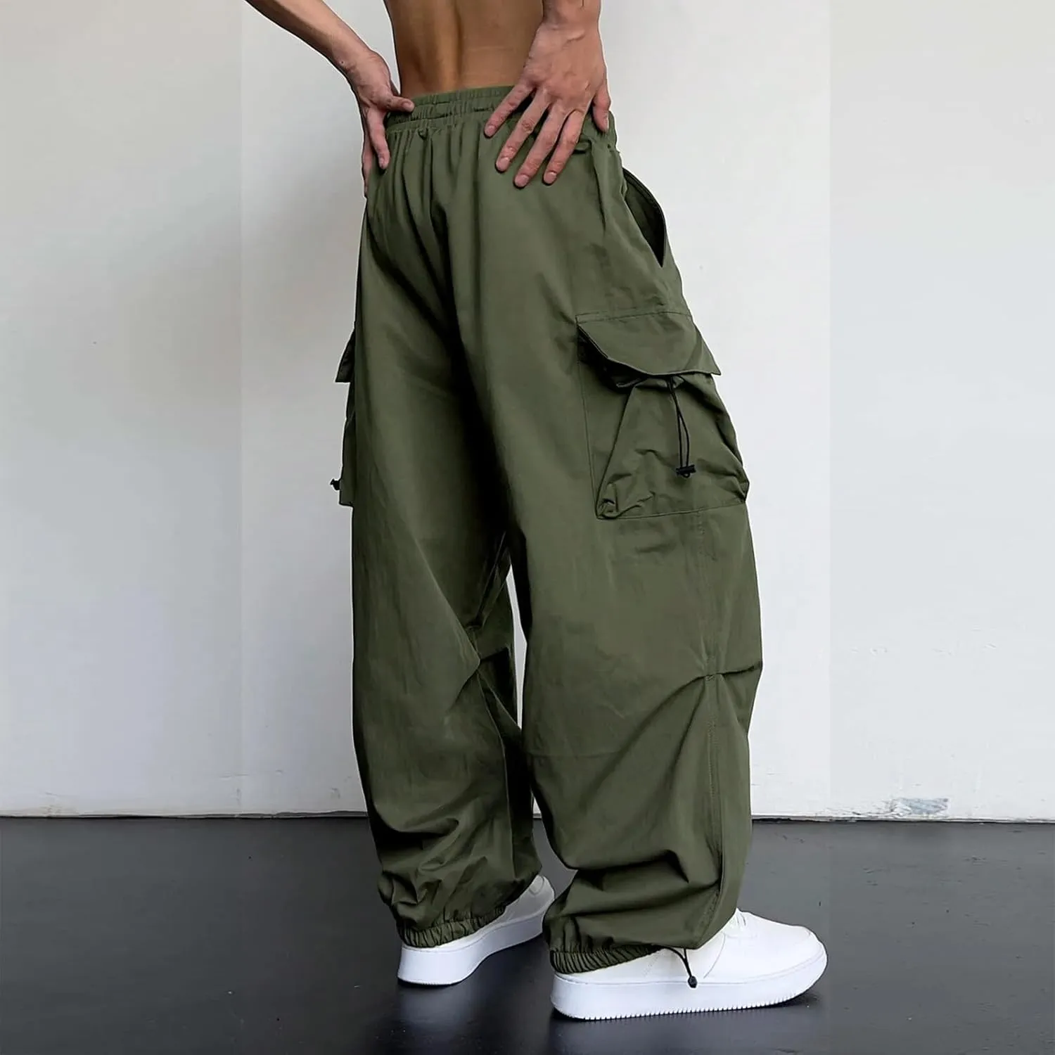 Mens Cargo Casual Pants Drawstring Loose Fit Athletic Jogger Sports Elastic Waist Outdoor Trousers Parachute Pant