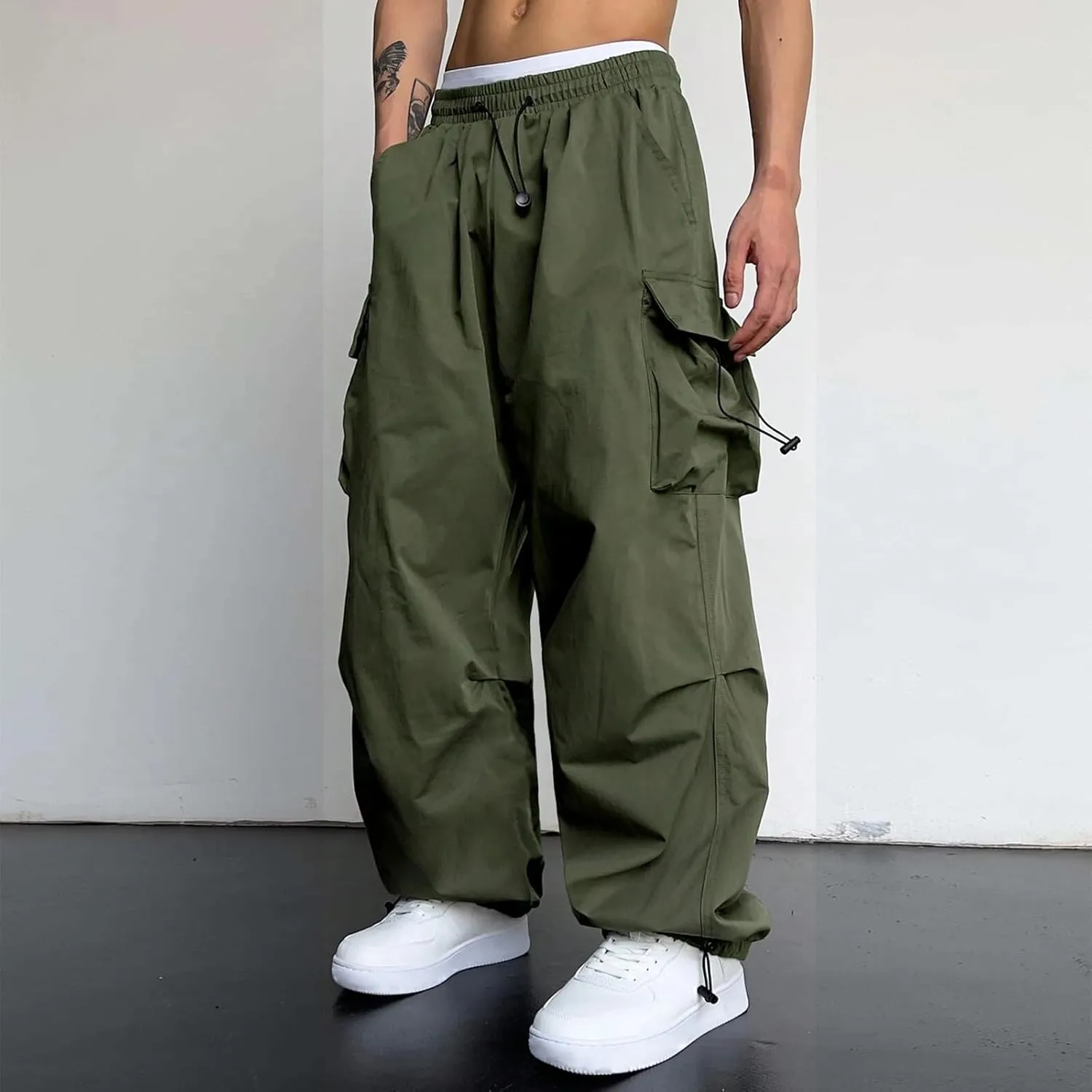 Mens Cargo Casual Pants Drawstring Loose Fit Athletic Jogger Sports Elastic Waist Outdoor Trousers Parachute Pant