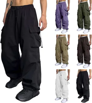 Mens Cargo Casual Pants Drawstring Loose Fit Athletic Jogger Sports Elastic Waist Outdoor Trousers Parachute Pant