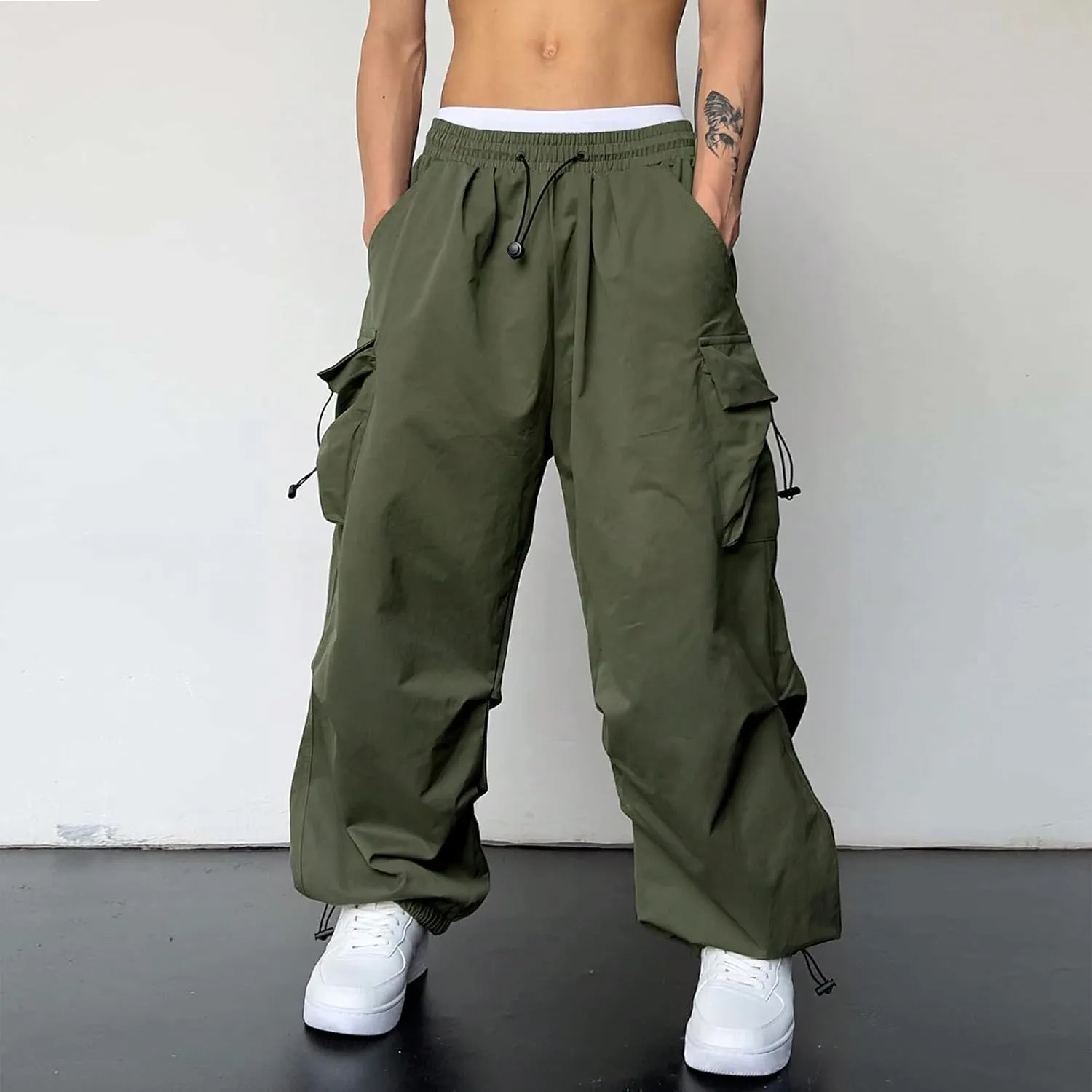 Mens Cargo Casual Pants Drawstring Loose Fit Athletic Jogger Sports Elastic Waist Outdoor Trousers Parachute Pant