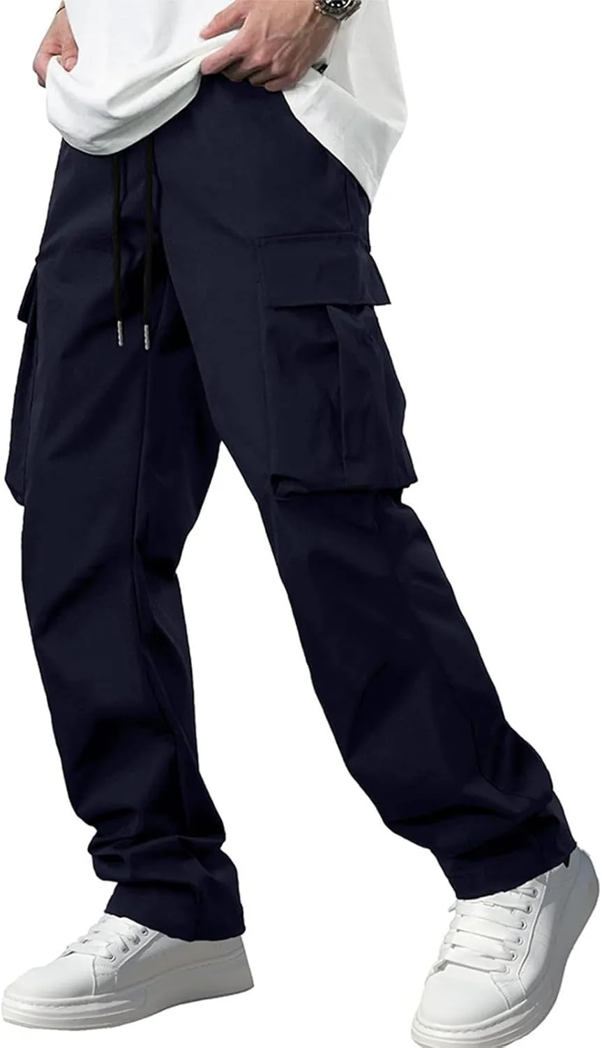 Mens Cargo Pants Casual Joggers Elastic Waist Drawstring Tapered Sweatpants for Men with Multi Pockets