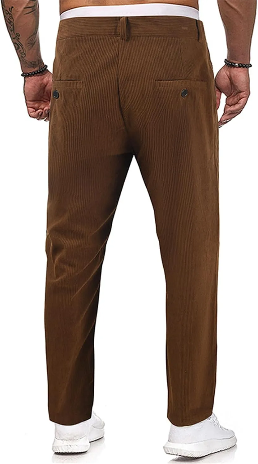 Men's Casual Corduroy Pants Solid Color Summer Straight Leg Stylish Trousers Slim Fit Fashion Spring Pleated Pants