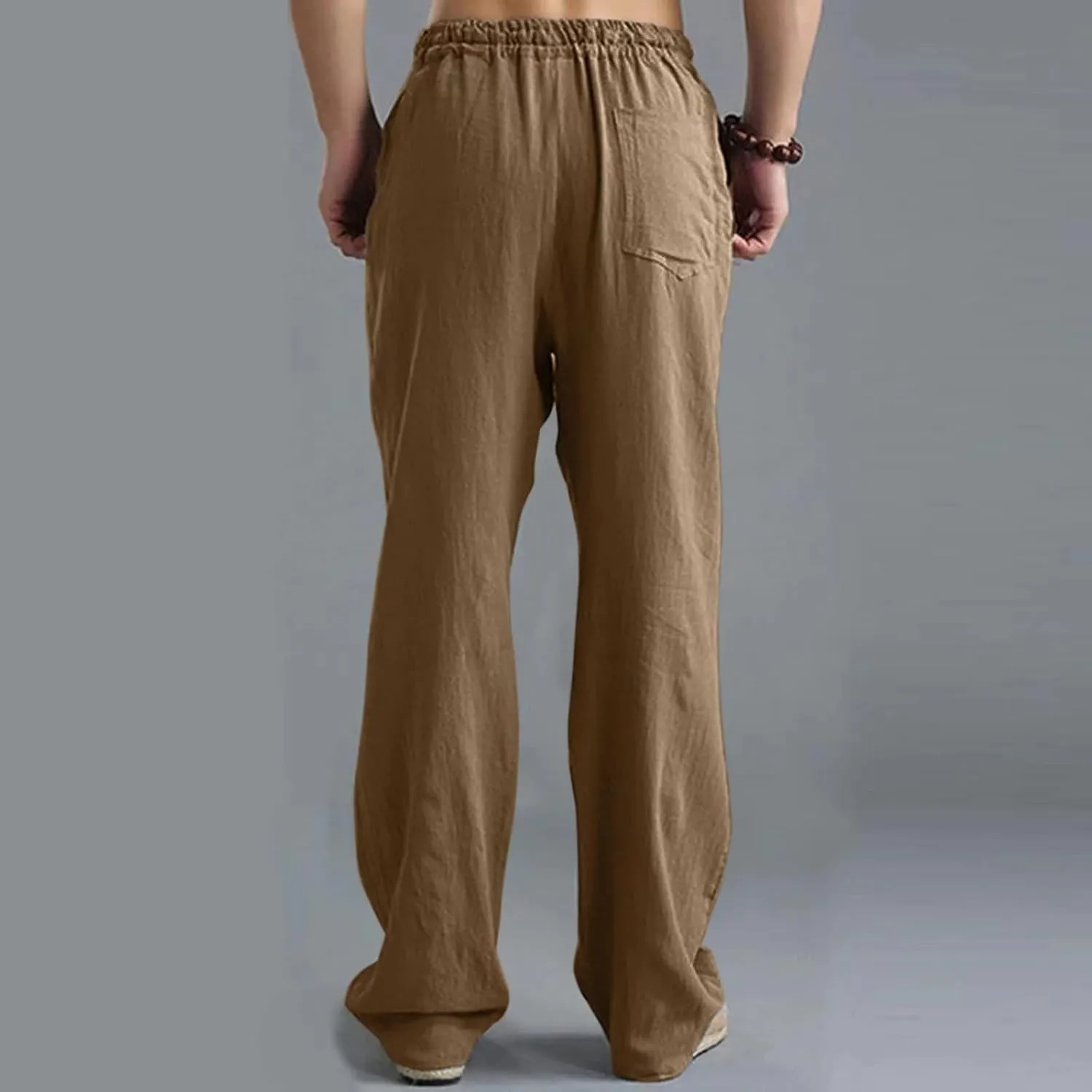 Mens Casual Linen Pants, Lightweight Loose Straight-Legs Trousers Leisure Elastic Waist Sports Beach Yoga Long Pants