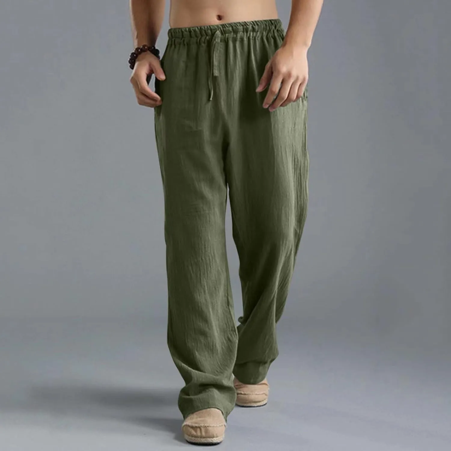 Mens Casual Linen Pants, Lightweight Loose Straight-Legs Trousers Leisure Elastic Waist Sports Beach Yoga Long Pants